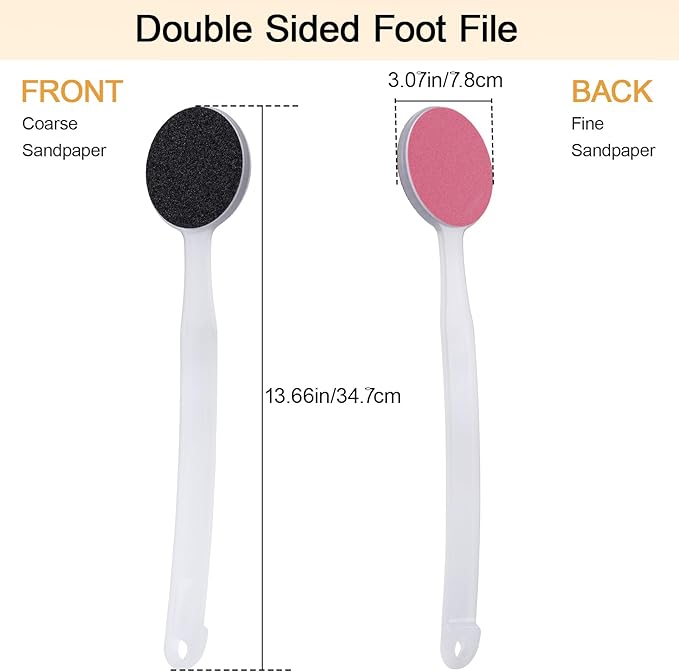2Pcs Foot File Callus Remover 13.7" Long Handle, 2-in-1 Foot Scrubber with Coarse and Fine Sand Paper Pedicure Tool for Cracked Heels, Dry & Dead Skin, Soft Smooth Feet, Clear White
