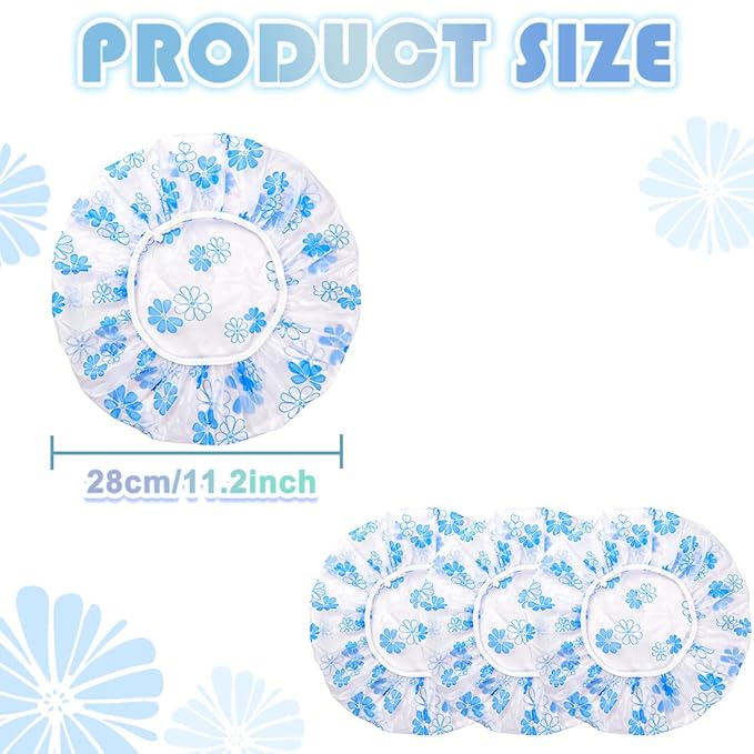 18Pcs Plastic Shower Caps for Women Waterproof Bath Caps Bathing Hair Cap Reusable Shower Caps for Shower,Spa,Salon,Housework,Girls,Home,Travel (Blue-Flower)