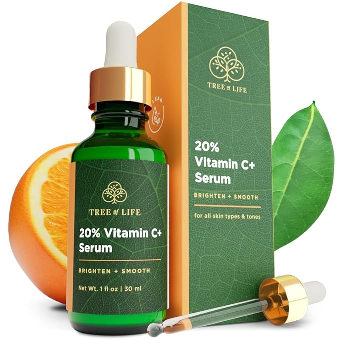 Tree of Life 20% Vitamin C+ Serum For Face with Vitamin E - Brightening & Hydrating Face Serum for Dark Spots, Fine Lines & Anti Aging - Dermatologist Tested, 1 Fl Oz - Mothers Day Gifts