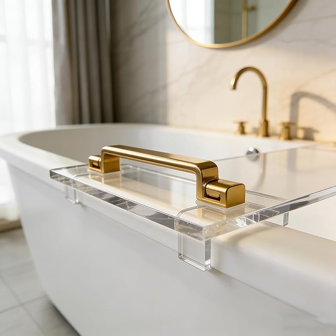 1CM Thick Clear Acrylic Bathtub Caddy with Metal Handles, Multifunctional Bath Tray for Wine Glass, Phone, Book & Bathroom Essentials, Fits Most Tubs, Spa Gift for Men & Women (42in)