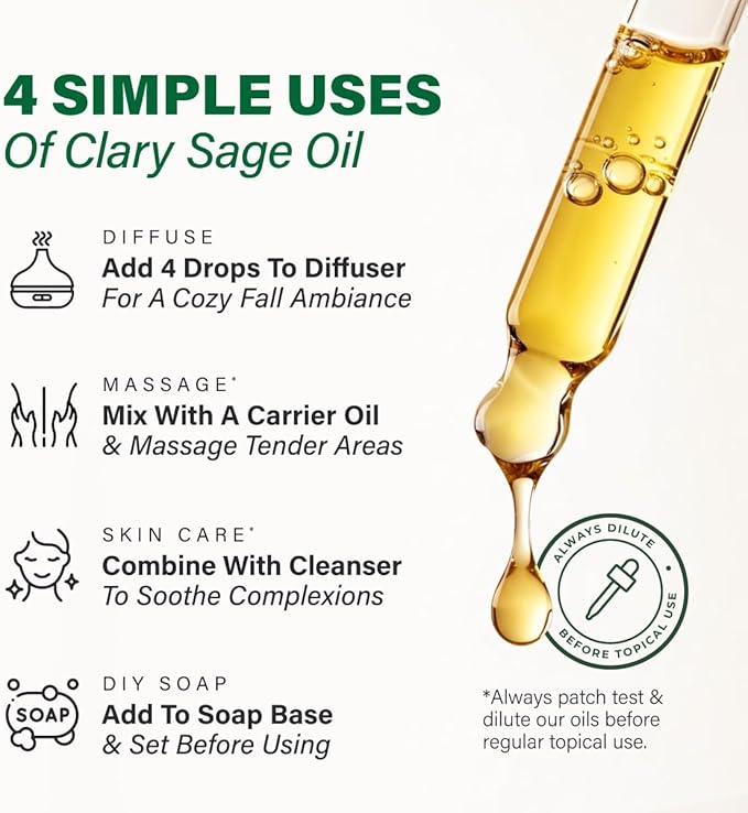 100% Pure Clary Sage Oil - 1.02 Fl Oz Clary Sage Essential Oil for Hair, Skin, Diffuser, Aromatherapy & DIY Soap Making Scent