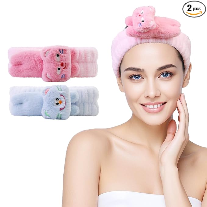 Kawaii Spa Headbands for Women Girls - 2 Pack Cute Soft Fleece Facial Headbands for Makeup, Skincare, Bath, Shower, Beauty and Face Washing, Pink+Blue Cat