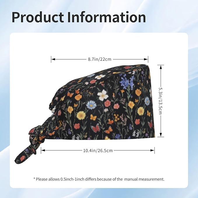 Scrub Cap for Women and Men Boho Black Leaf Pattern Adjustable Breathable Sweatband Hat for Work Kitchen Spa Shower Daily Use