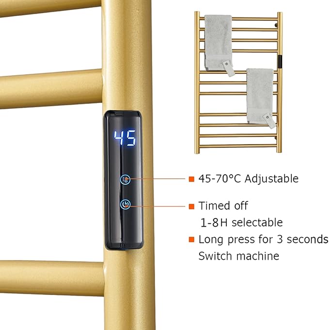 Electric Towel Warmers Radiator with Timer Gold, 140W Wall-Mounted & Freestanding Heated Towel Drying Rack with 11 Bars, 304 Stainless Steel Heated Towel Rail for Bathroom, Plug-in
