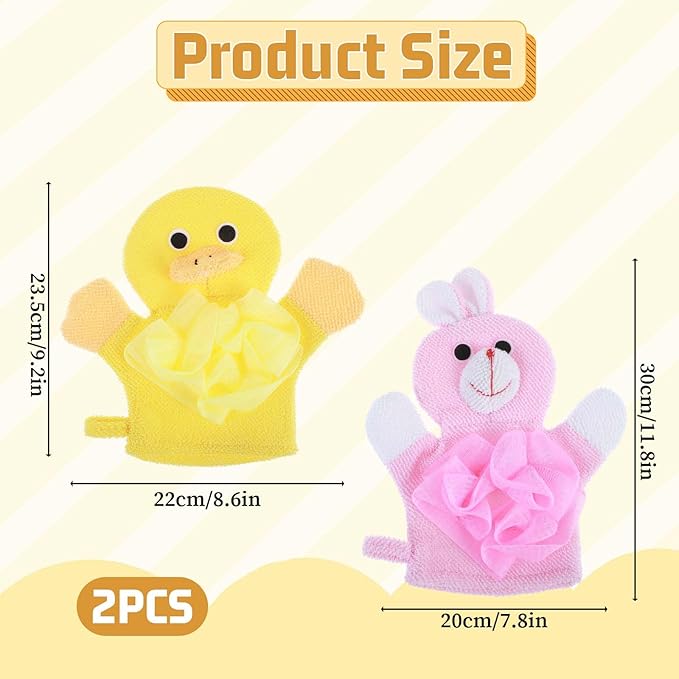 JIEYAO 2 Pcs Bath Mitt Washcloths Gloves, Cute Cartoon Exfoliating Glove Body Scrubber, Gentle Soft Scrub Bath Loofahs Sponges for Shower Wash Cute Design Glove Easy to Lather(Pink Rabbit Yellow Duck)