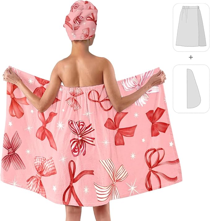 Pink Bow Bath Wrap and Hair Drying Cap Set – Soft Quick Dry Shower Skirt with Elastic Band, Absorbent Microfiber Spa Towel for Women, Gym, Dorm, Travel (Bow 6)