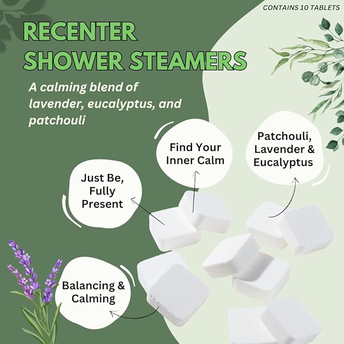 Recenter Shower Steamers Aromatherapy for Relaxing - USA Made Mothers Day Gift for Her - Lavender & Eucalyptus Shower Bomb Tablets – Soothing Natural Essential Oils (10 Pack)