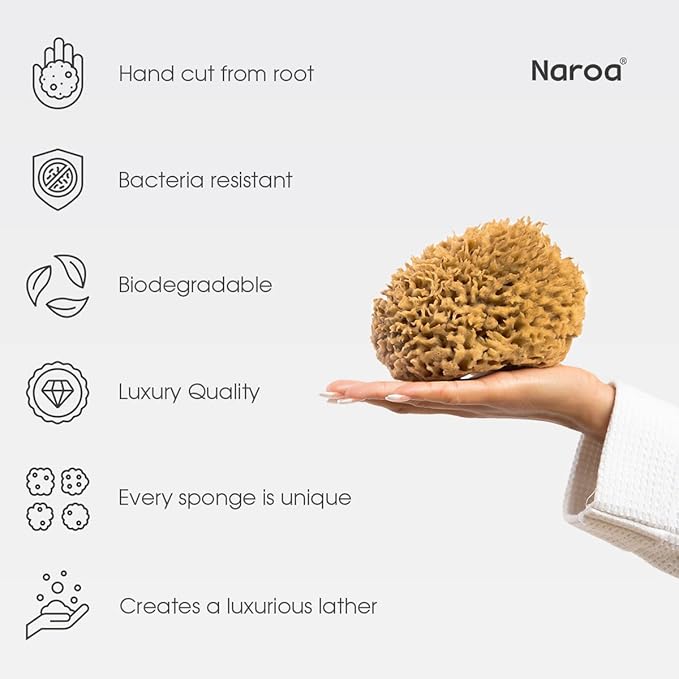 Naroa Soft Natural Shower Sponge | Gentle Sea Loofah for Bathing Smooth Skin | Unbleached Body Scrubber Puff | Bath & Spa (Small)