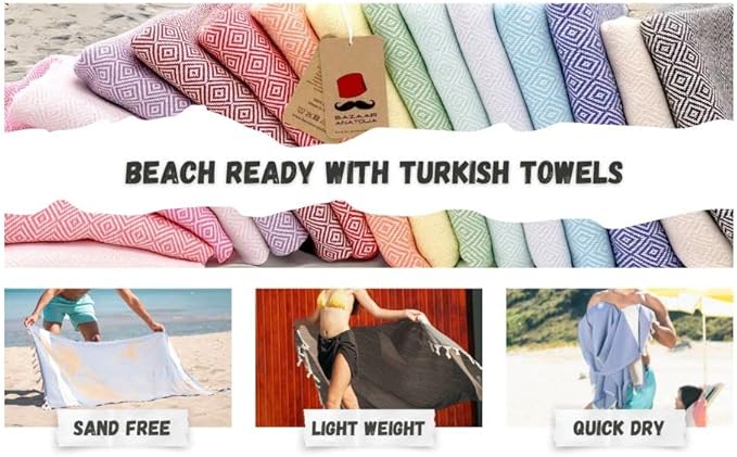 Bazaar Anatolia Turkish Beach Towel – 100% Cotton, Quick Dry, Sand Free Towel for Bathroom, Camping, Travel, Teal – Oversized 71x39 Inches – Diamond Mint
