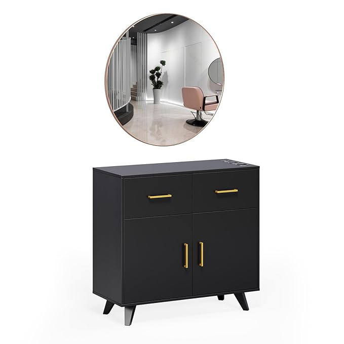 OmySalon Wall Mount Salon Station, Barber & Hair Stylist Station with Round Mirror, Hair Dryer Holders, Storage Cabinet & Adjustable Shelf, Beauty Spa Dresser, Black