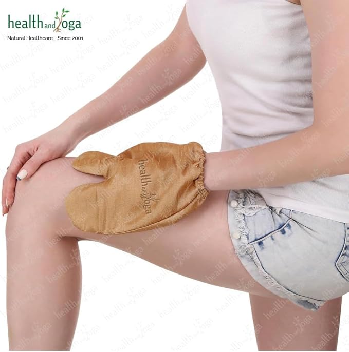 HealthAndYoga™ Silk Garshana Ayurvedic Massage Gloves - Electro Static Lymph Circulation Boost - 100% Natural Dry Skin Brushing and Exfoliation and Excess Fat Treatment - Mitt Style 1 Pair