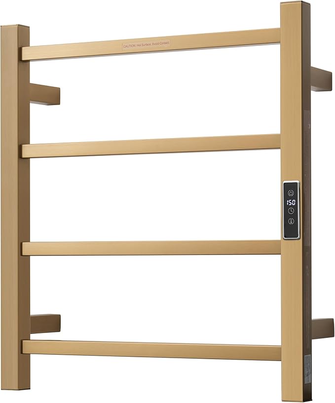 Electric Heated Towel Warmer - Wall Mounted Bathroom Towel Rack, Plug-in Design & Gold Brushed Stainless Steel Finish Gold with Timer & Temperature Control, 4 Bar