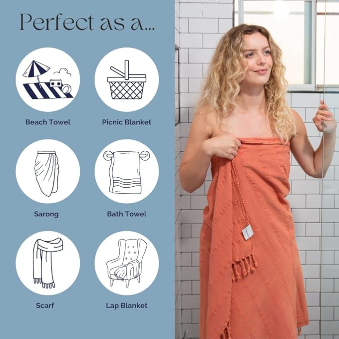 InfuseZen Stonewashed Turkish Bath & Beach Towel –100% Organic Turkish Cotton - Soft, Lightweight, Absorbent - Quick Dry, Sand Free - Swim, Pool, Shower, Travel - Peshtemal, Hammam Spa Towel - Orange