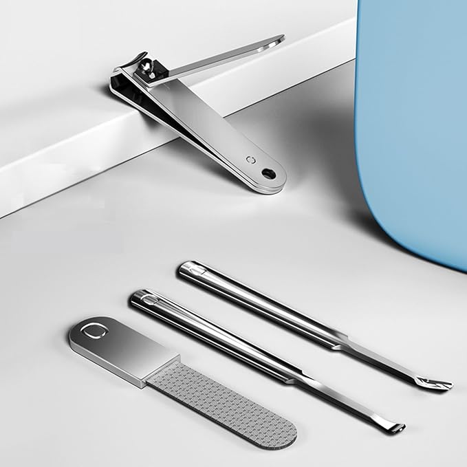 Sourcingbay Nail Care Set - 4-in-1 Stainless Steel Nail Clippers, Cuticle Fork, Ear Pick, Nail File with Storage Case, Travel Grooming Kit for Men Women Seniors - White