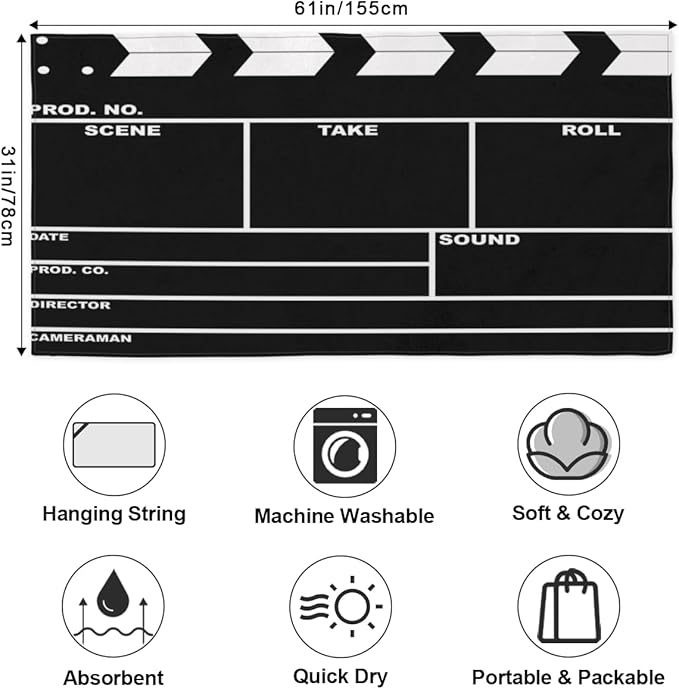 Black Movie Clapboard Beach Towel Oversized Quick Dry Beach Blanket Microfiber Sand Free Absorbent Lightweight Cinema Clapboard Bath Towel for Pool Travel Swimming Camping Women Men