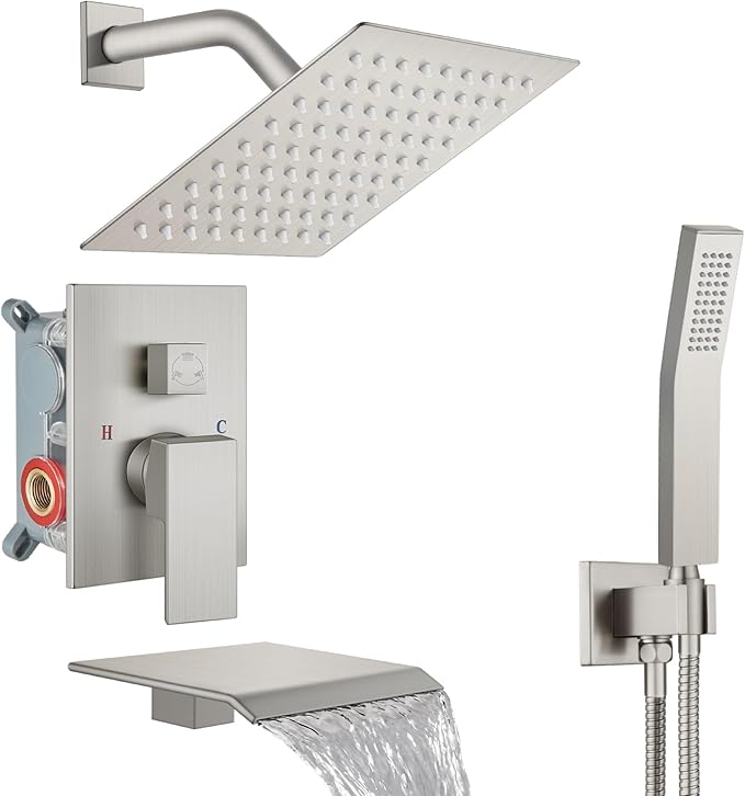 Midanya Shower System with Tub Spout,Bathtub Shower Faucet Set with Square Rainfall Head and Handheld Sprayer Wall Mount Tub Faucet Set with Valve and Trim Kit,8 Inch Brushed Nickel
