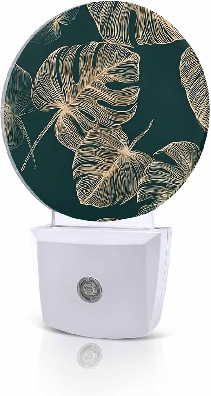 Night Lights Auto Sensor Golden Palm Leaves Night Light Summer Tropical Branches Round Lamp Plug-in LED Nightlights Dusk to Dawn for Living Room Bedroom Bathroom Hallway Wall Decor