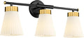 Bathroom Vanity Light, HWH 3-Light Wall Light Fixture for Bathroom Bedroom, Black and Gold Vanity Lights with Frosted Milk White Striped Glass, 5HZG97B-3W BK+BG