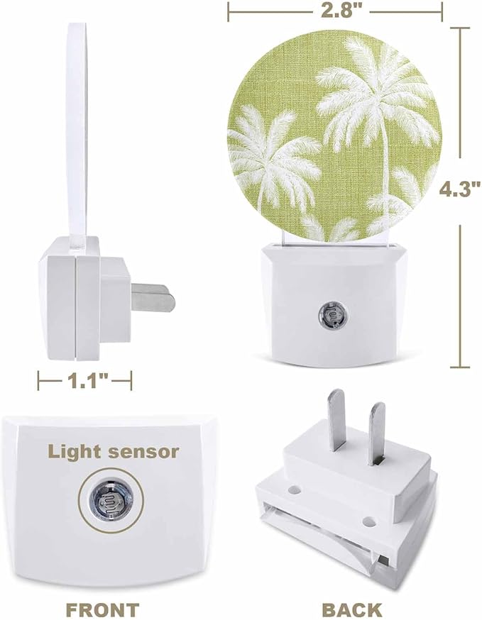 Night Lights Auto Sensor Tropical Palm Trees Night Light Lemon Yellow Linen Coastal Round Lamp Plug-in LED Nightlights Dusk to Dawn for Living Room Bedroom Bathroom Hallway Wall Decor