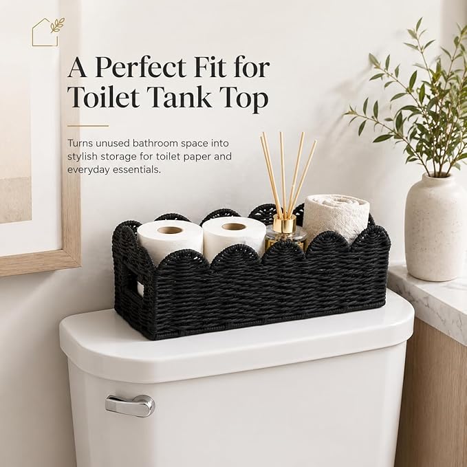 Scalloped Toilet Tank Basket for Back of Toilet, Black Wicker Bathroom Tray for Toilet Paper Storage, Bathroom Organizer for Tank Top, Countertop & Small Spaces