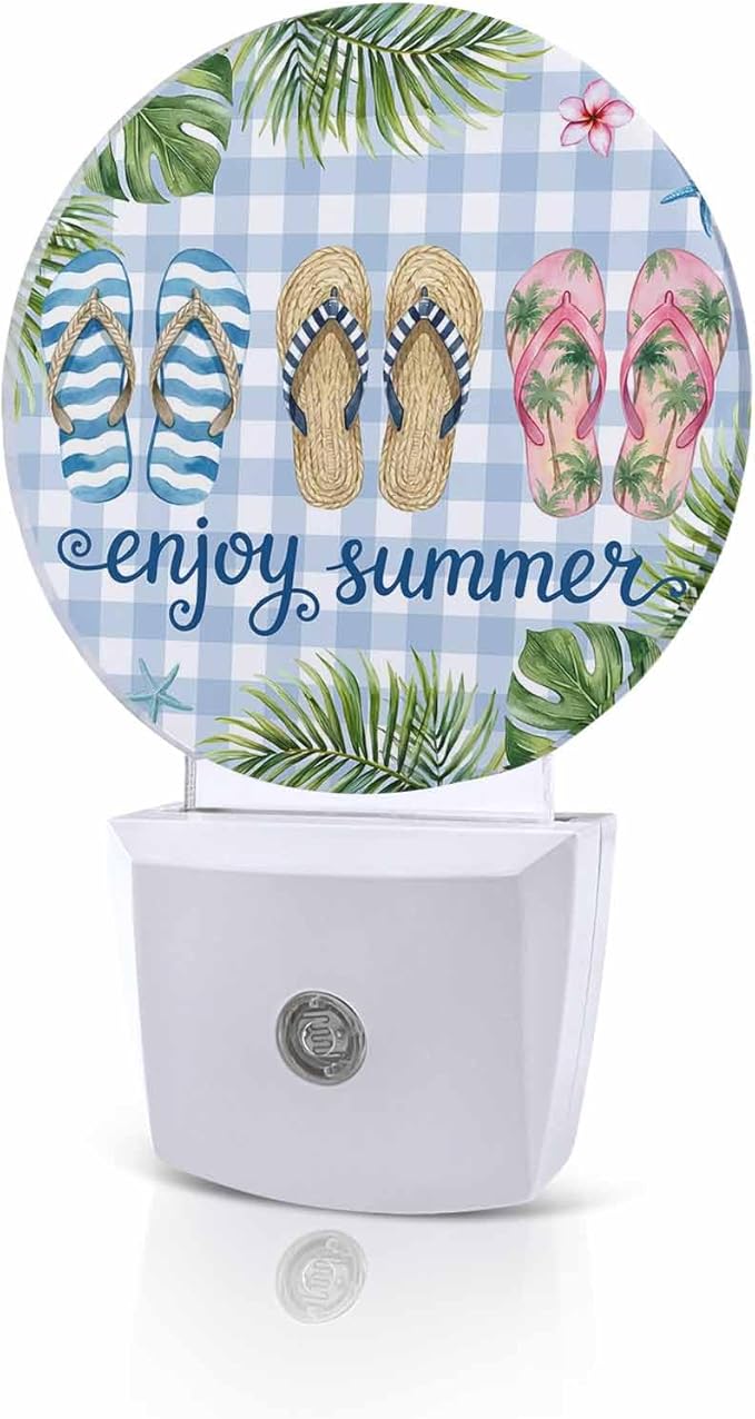 Night Lights Auto Sensor Flip Flops Night Light Enjoy Summer Green Palm Leaves Blue Plaid Round Lamp Plug-in LED Nightlights Dusk to Dawn for Living Room Bedroom Bathroom Hallway Wall Decor