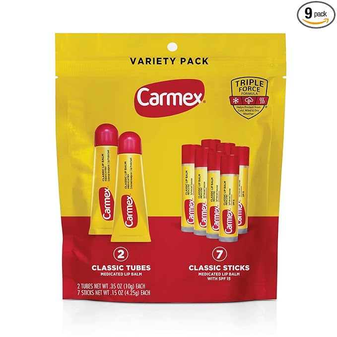 Carmex Classic Medicated Lip Balm Pack, Lip Moisturizer for Chapped Lips, 9-Count Variety Pack Bag (2 Tubes, 7 Sticks)