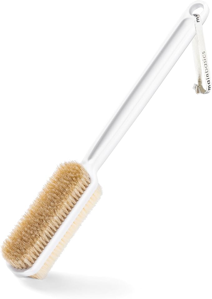 MainBasics Back Scrubber for Shower, Long Handle Body Brush with Dual-Sided Exfoliating and Soft Bristles, 15.75 Inch (White)