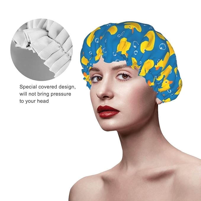 Rubber Ducks Shower Cap For Women Reusable Waterproof Double Layers Bath Cap Hair Protection Elastic Ladies Spa Salon Shower Hat