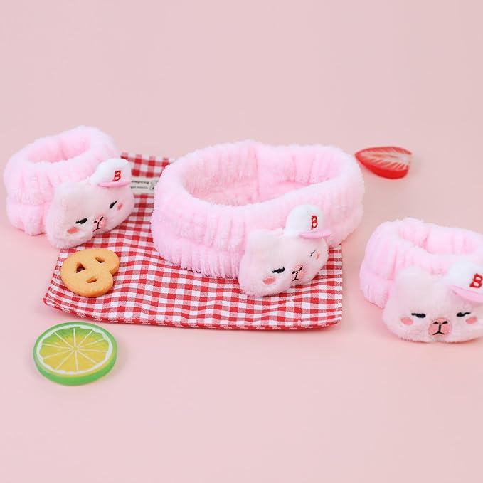 Kawaii Spa Headband and Wristband Set for Women Girls, Cute Halloween Skincare Headbands for Face Washing, Fluffy Makeup Headband for Washing Face Bath Shower and Beauty, Pink Capybara