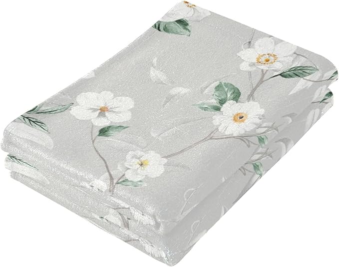 White Grey Blossom Flower Hand Towels for Bathroom Set of 2,Gray Green Leave Branches Floral Decorative Bathroom Towels for Bath,Face,Hair,Soft Absorbent Dish Towels for Kitchen Decor 28"x14"