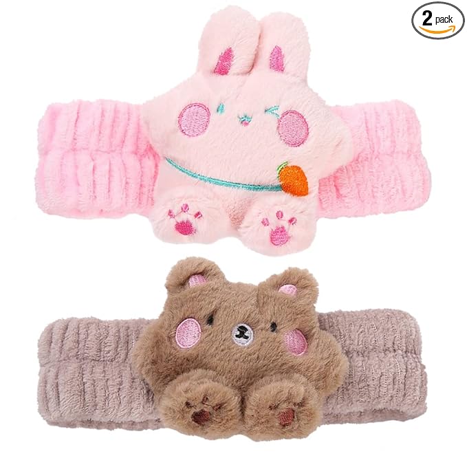 PERFECTSIGHT Kawaii Spa Headband Set, 2 Pack Cute Soft Coral Fleece Makeup and Skincare Headbands for Women and Girls' Face Washing and Facial Care