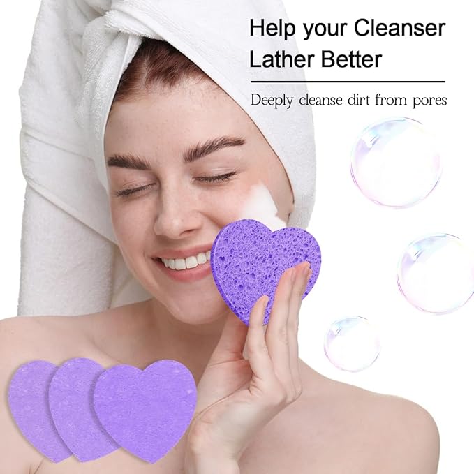 100-Count Compressed Facial Sponges for Estheticians Heart Shape Natural Cellulose Sponge Professional Cosmetic Spa Sponges for Face Cleansing, Massage, Pore Exfoliating, Mask, Makeup Removal, Purple