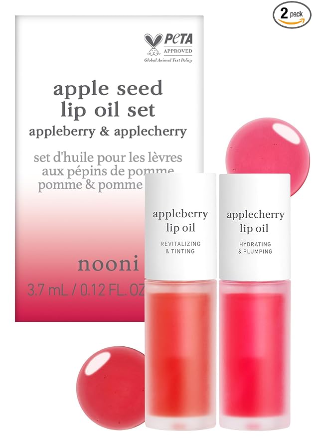 NOONI Korean Lip Oil Set - Appleberry & Applecherry | Long-Lasting, Moisturizing, Plumping, Revitalizing for Dry Lips, Waterproof, No Peel Off, Stocking Stuffers, lip plumper 0.12 FL Oz x 2ea