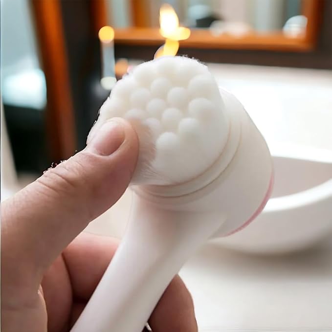 Face Brush, 2 in 1, Facial Cleansing Exfoliating Brush, Double Sided Soft Bristles & Silicone Facial Scrubber. Deep Pore Exfoliation, Blackhead Remover, Makeup Remover, Manual Use (Cotton Candy)
