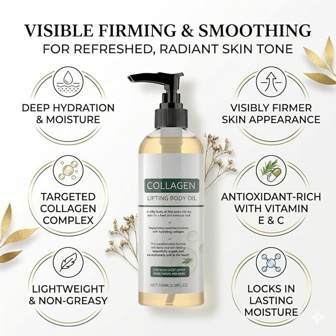 Elycura Collagen Lifting Body Oil for Skin, Lightweight Non Greasy After Shower Body Care, Helps Soften Crepey Skin, Hydrating Moisturizing Body Oil for Firmer Smoother Looking Skin, 3.38 Fl Oz