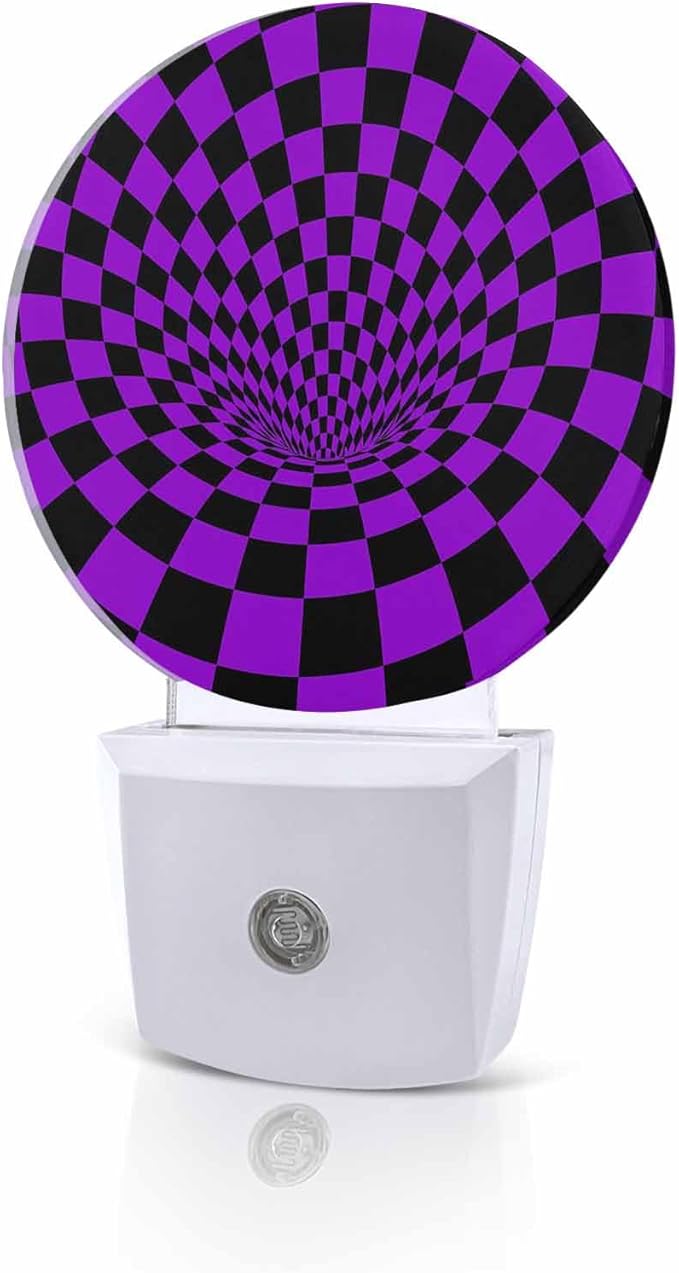 Night Lights Auto Sensor Purple Black Checker Night Light 3D Abstract Mosaic Tiles Round Lamp Plug-in LED Nightlights Dusk to Dawn for Living Room Bedroom Bathroom Hallway Wall Decor