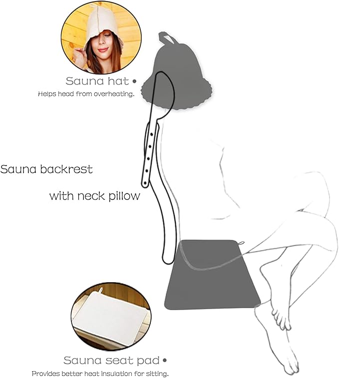 Adjustable-Height Sauna Backrest with Neck Pillow – Natural Bamboo Build & Anti-Slip Rubber Pads, Single-Pack Sauna Accessory with Sauna Hat and Sauna Seat Pad