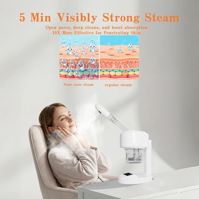Nano Ionic Facial Steamer, 360° Rotatable Portable Mist Sprayer, Warm Mist Face Steamer for Pores Deep Cleansing Skin Moisturizing, Home SPA Facial Skin Care Device, White