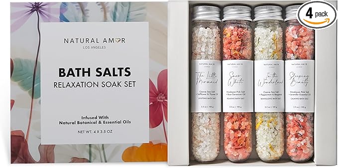 Natural Bath Salt Gift Set – 4-Pack Relaxing Soaks with Himalayan Pink Salt, Sea Salt, Essential Oils, Jojoba Oil & Dried Flowers – Spa Gift for Women & Self Care
