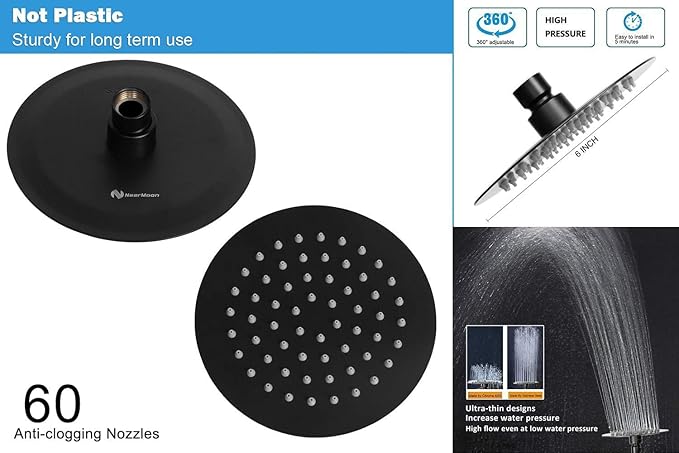 NearMoon Shower Head and 15 Stage Shower Filter Combo, High Pressure Filtered Shower for Hard Water, Improves the Condition of Your Skin, Hair (6 Inch, Black)