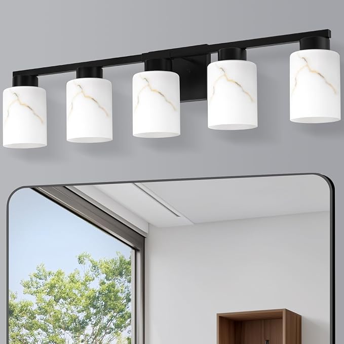 5-Light Bathroom Light Fixtures, Modern Vanity Lights, Black Metal Wall Lamp with White Marble Glass for Bathroom, Mirror, Living Room, Bedroom, Cabinet, Porch, Hallway, E26 Base