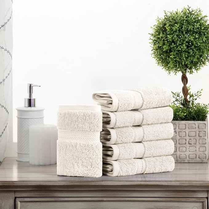 Superior Egyptian Cotton Pile Face Towel/Washcloth Set of 6, Ultra Soft Luxury Towels, Thick Plush Essentials, Absorbent Heavyweight, Guest Bath, Hotel, Spa, Home Bathroom, Shower Basics, Cream