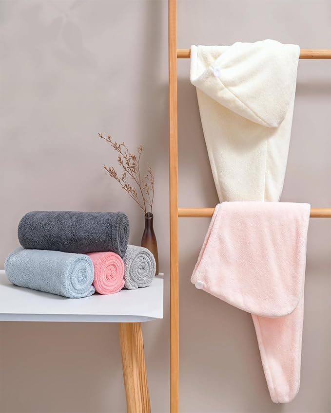 Lumimi Hair Towel Wrap 4 Pack for Women - Microfiber Fast Dry Turban, Anti Frizz Button Design, Lightweight Absorbent Hair Cap for Straight/Curly/Long Hair, 25cm x65cm Travel Towel (4 Colors)