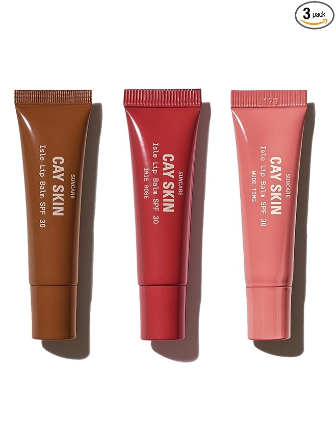Cay Skin Isle Lip Balm SPF 30 – High Shine, Hydrating + Sheer Lip Gloss in Vanilla Brown Sugar Flavor – Formulated with Natural Ingredients for All Skin Tones – 3-Pack, Rose, Clear, Nude, 1.05 oz