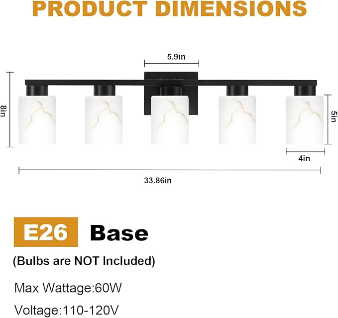 5-Light Bathroom Light Fixtures, Modern Vanity Lights, Black Metal Wall Lamp with White Marble Glass for Bathroom, Mirror, Living Room, Bedroom, Cabinet, Porch, Hallway, E26 Base
