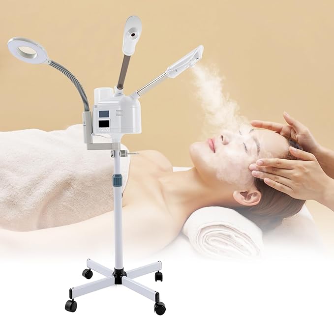 3 in 1 Facial Steamer, Professional Rolling Facial Steamer with 5X LED Magnifying Lamp, Warm Cold Mist Digital LCD Screen Ozone Facial Steamer for Salon Spa Beauty Skin Care