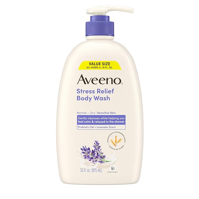 Aveeno Stress Relief Body Wash for Women, Calming Lavender Scent & Prebiotic Oat, Cleanser for Sensitive Dry Skin, Paraben, Dye & Soap-Free, 33 Fl Oz (Pack of 6)