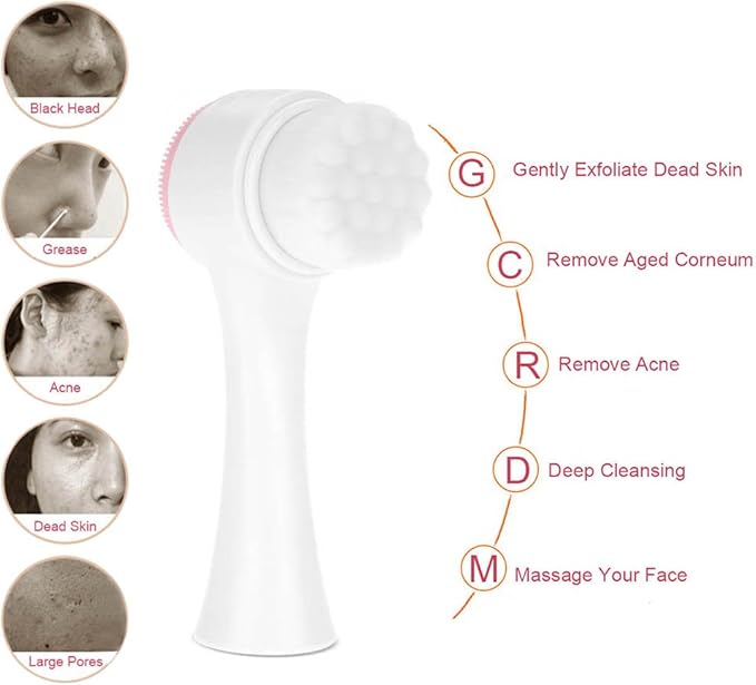 Fashionable 3D Double Face Brush for Deep Cleansing and Facial Massage – Exfoliating Silicone Brush Tool in Pink for Makeup Removal