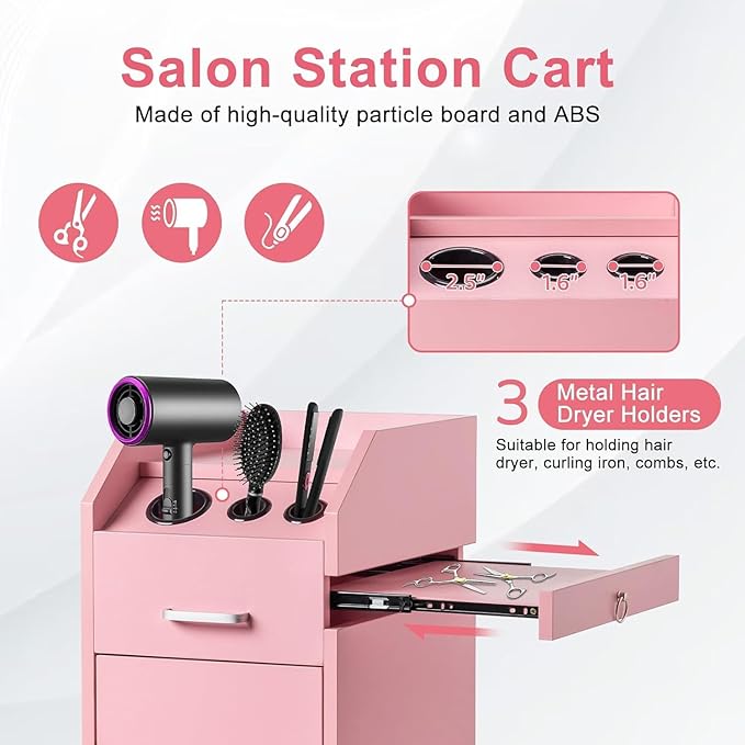 Modern Styling Station Cart for Hair Stylist,Wooden Hair Salon Station Storage Cabinet,Beauty Salon Storage Equipment,Beauty Spa Tool Organizer,with Wheels,for Barber Shop, Home, Bathroom (Pink)