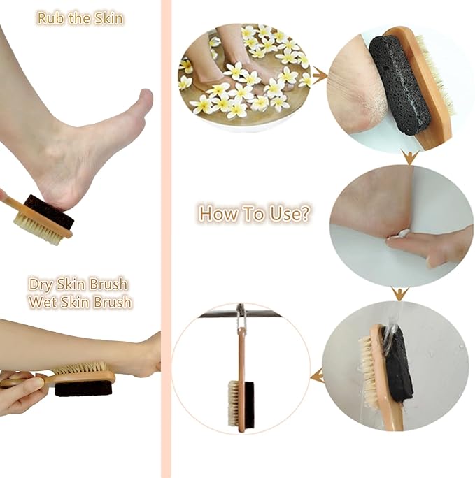 Natural Lava Pumice Stone for Feet with Foot Brush, Callus Remover Foot Scrubber Exfoliator Pedicure Tools for Hard Dead Skin, Softer & Smoother Feet, Double Sided Boar Bristles Wooden Handle